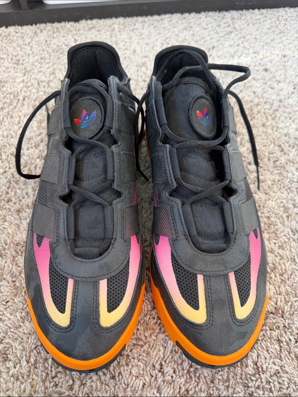 adidas MENS Black Sneakers with Pink and Orange Gradient Accents